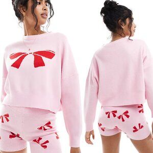Cotton On Body Pink Bow Novelty Knitted Jumper Sweater XL Boxy Crop Romantic